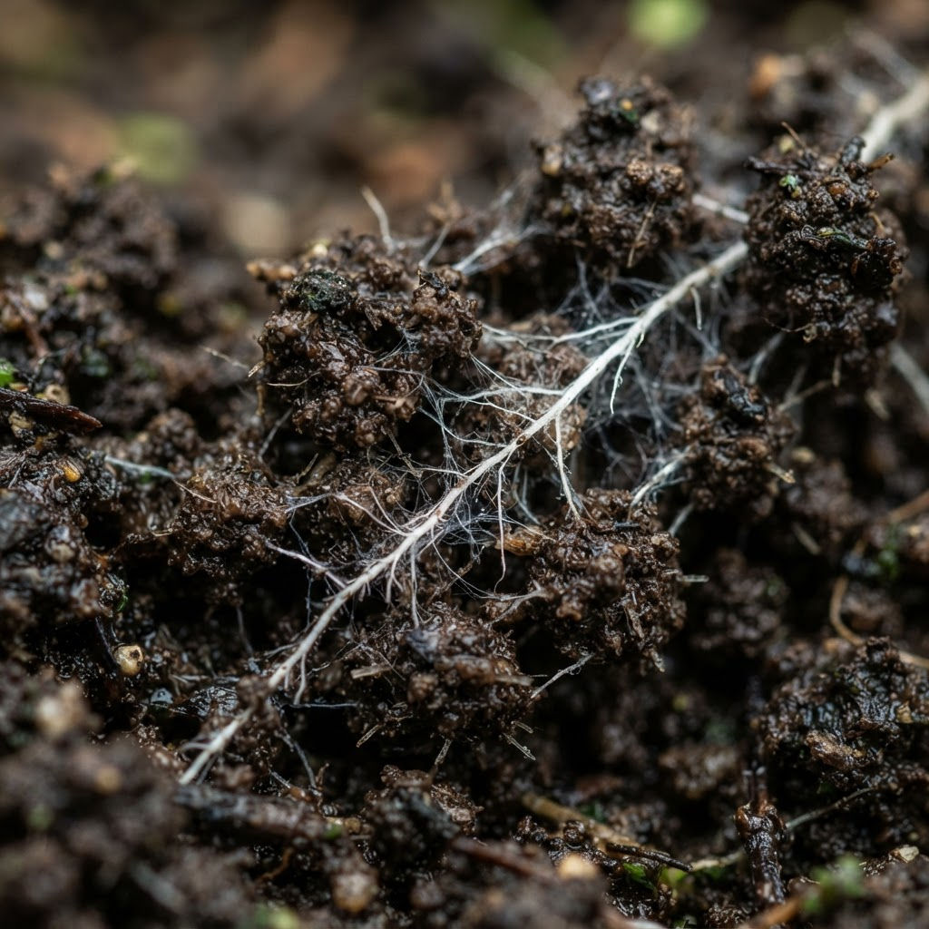 Macro view of healthy dark soil laced with fine white roots and mycelium